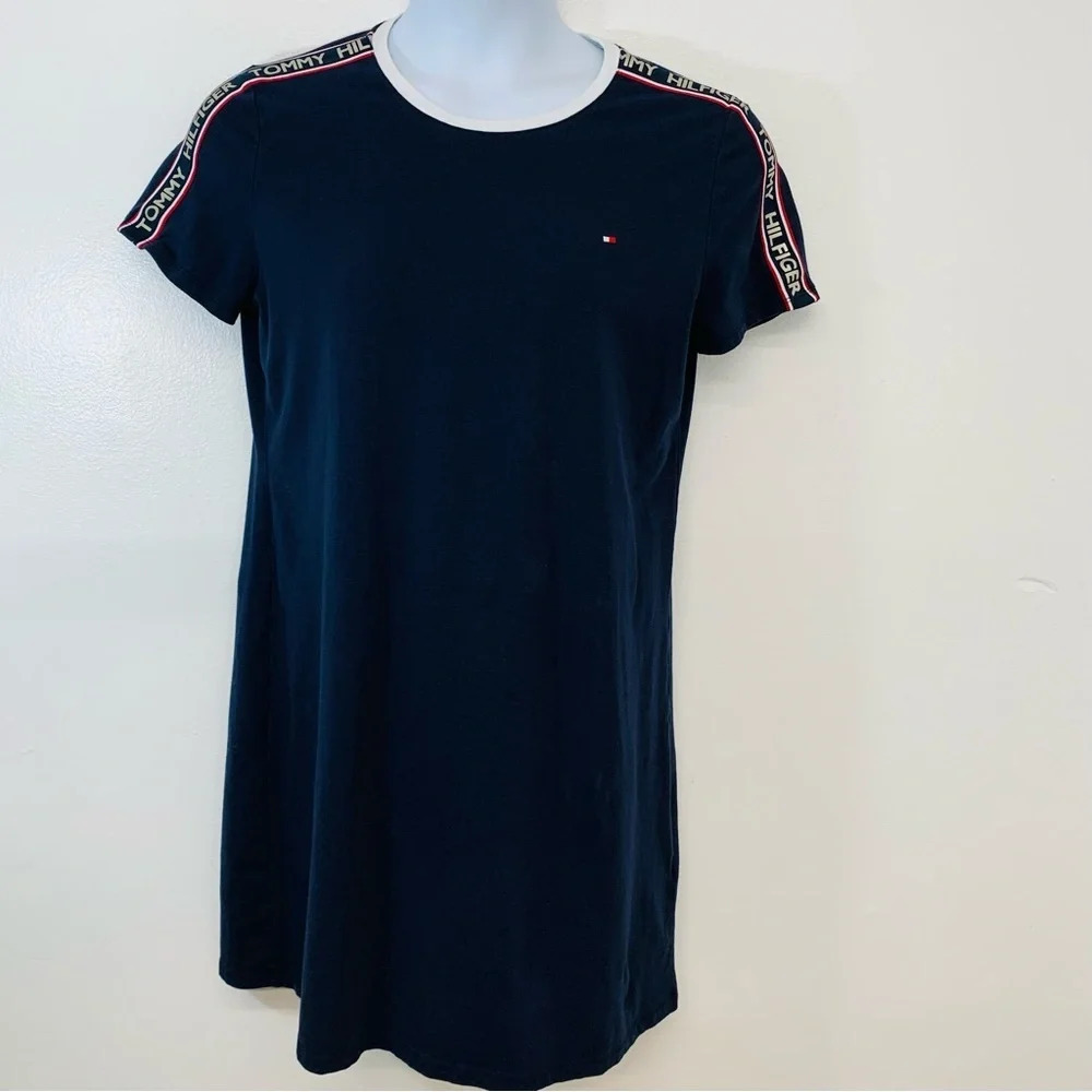 Tommy Hilfiger Dress Large Shift Spell Out Stretch Above Knee Logo Blue White